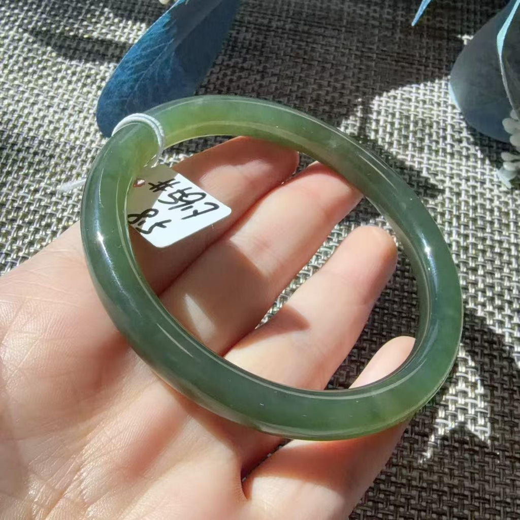 Certified Natural Green Jade Bangle , Iced Lake Green Slim Nephrite Jade Bangle , 53-60mm Size Jade Bangle Bracelet
