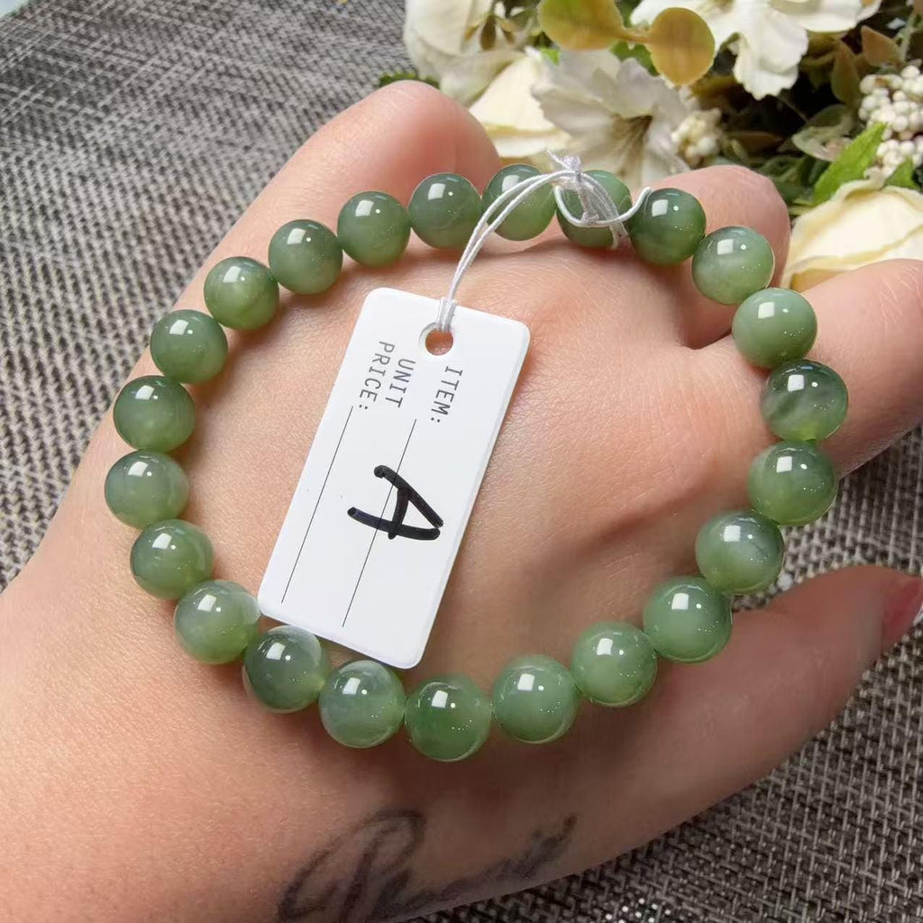 Certified 8mm Natural Green Nephrite Jade Bracelet, Icy Translucent Jade Beads, Subtle Cat Eye Effect, One of a Kind