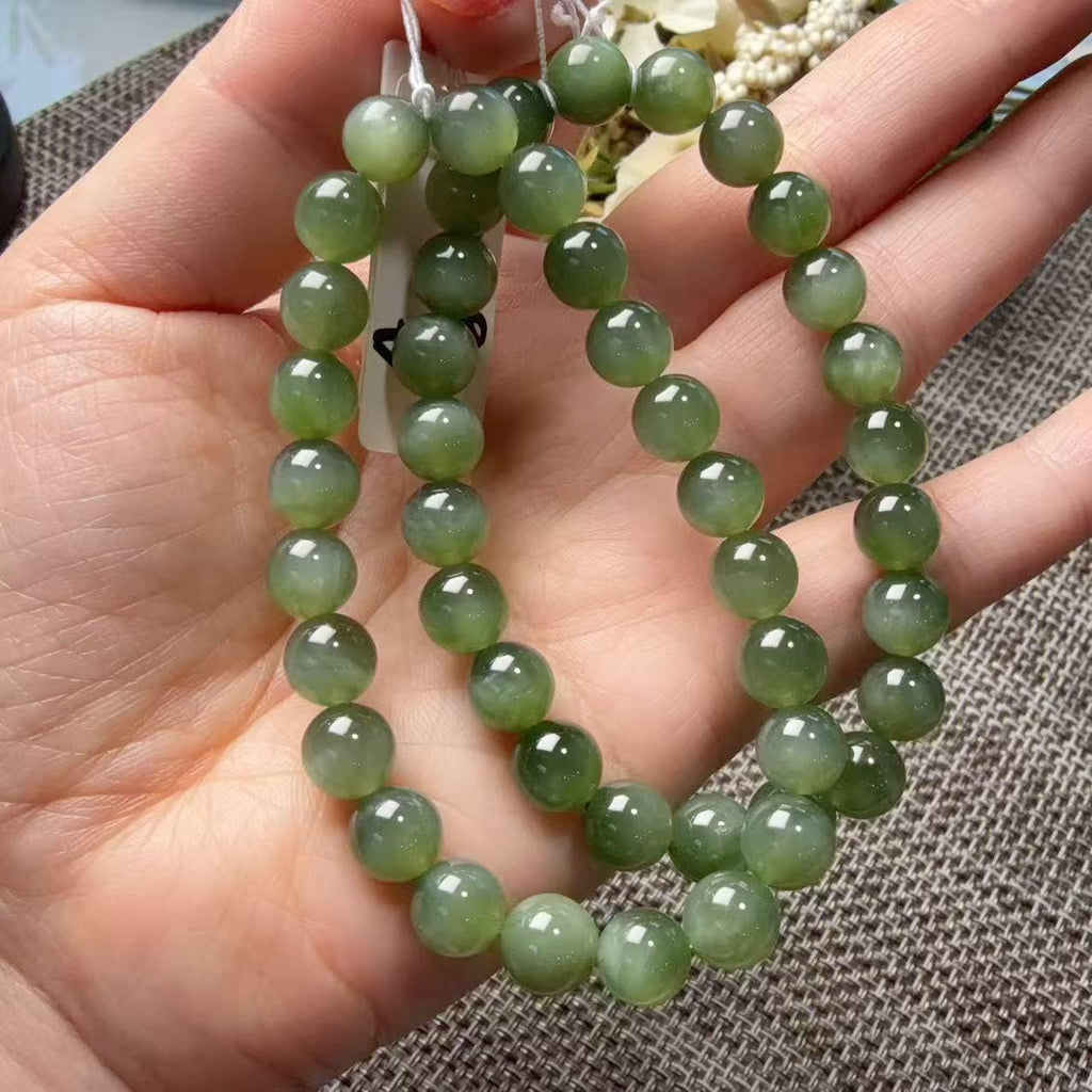 Certified 8mm Natural Green Nephrite Jade Bracelet, Icy Translucent Jade Beads, Subtle Cat Eye Effect, One of a Kind