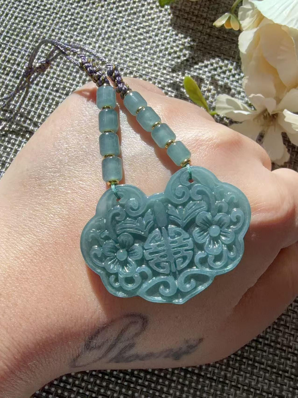 Natural Blue Water Jadeite Necklace, Carved Floral Jadeite Lock Pendant, Longevity Lock, Adjustable Jade Necklace, Certified Jadeite Gift