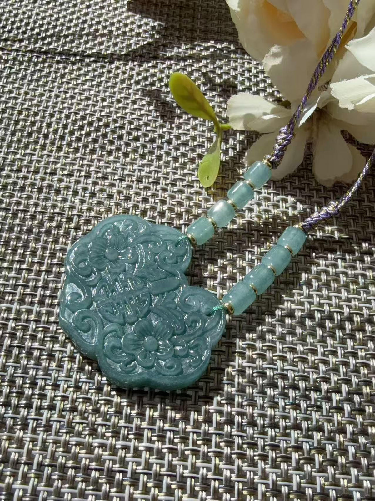 Natural Blue Water Jadeite Necklace, Carved Floral Jadeite Lock Pendant, Longevity Lock, Adjustable Jade Necklace, Certified Jadeite Gift