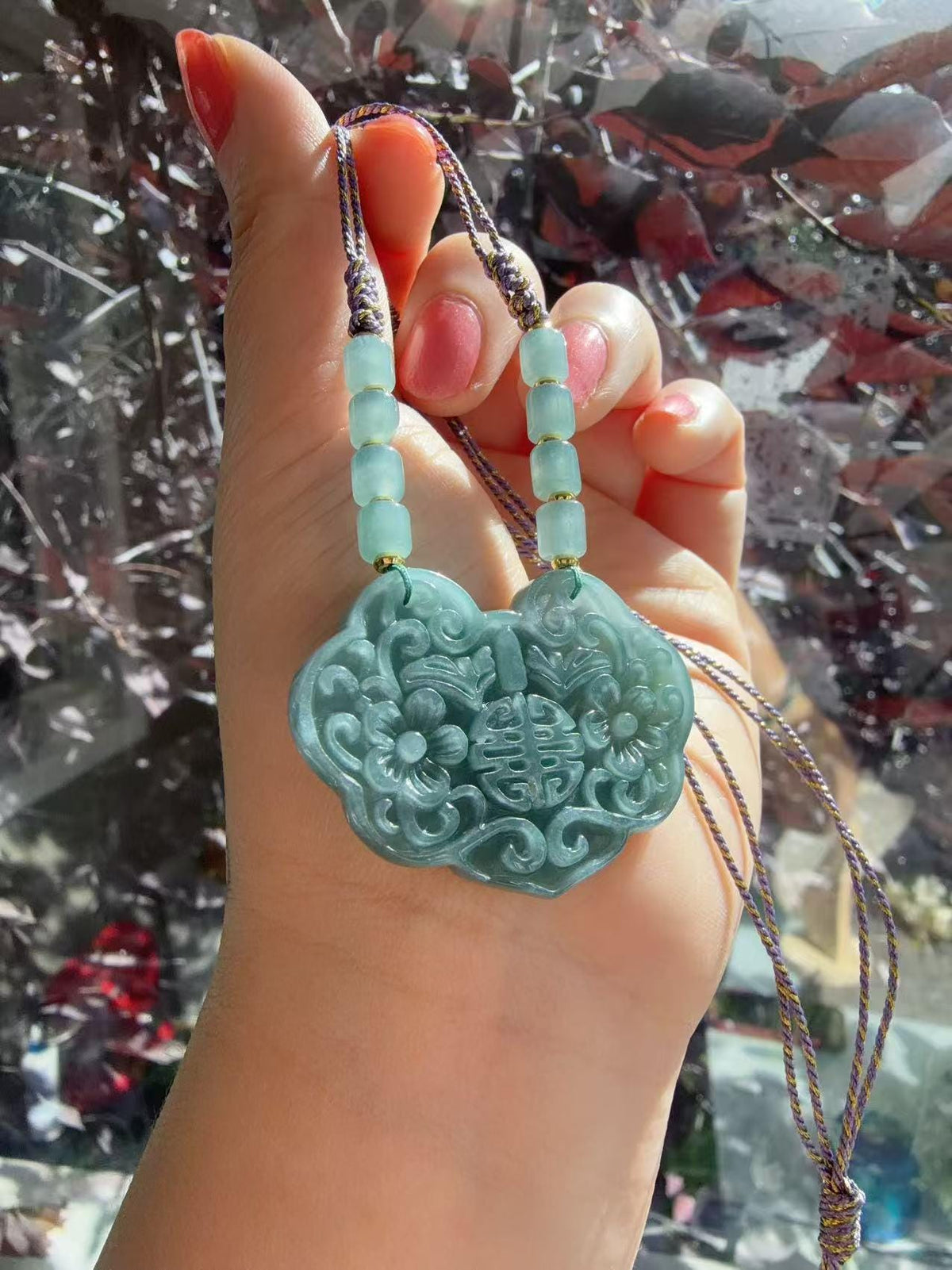 Natural Blue Water Jadeite Necklace, Carved Floral Jadeite Lock Pendant, Longevity Lock, Adjustable Jade Necklace, Certified Jadeite Gift