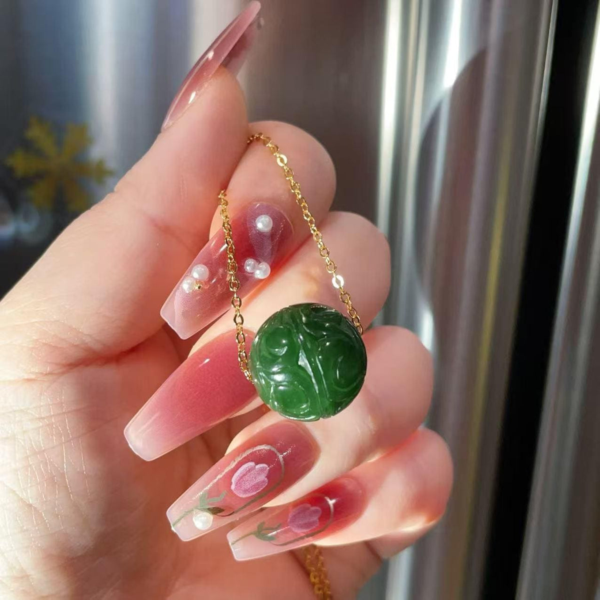 Natural Green Nephrite Jade Carved Sphere Necklace, 16mm Jade Ball Pendant, Minimalist Green Jade Jewelry, Adjustable Gold Chain