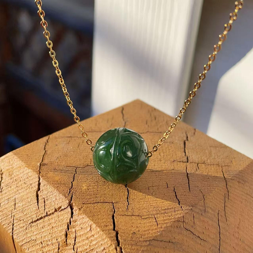 Natural Green Nephrite Jade Carved Sphere Necklace, 16mm Jade Ball Pendant, Minimalist Green Jade Jewelry, Adjustable Gold Chain