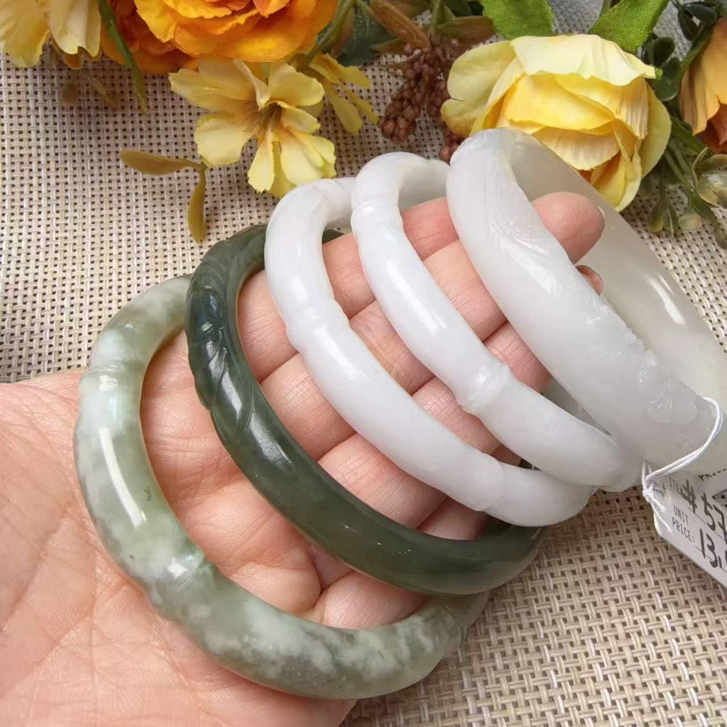 Natural Nephrite Jade Bangle, One of a Kind Hand Carved Jade Bracelet, White Green Jade Bangle, Unique Carved Jade Jewelry