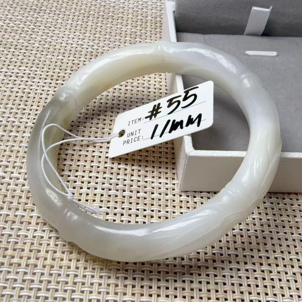 Deal! Natural White Jade Carved Bangle | Floral Jade Bracelet | Slim Round Bangle | Small Size Jade Jewelry | Handmade Gemstone Bracelet