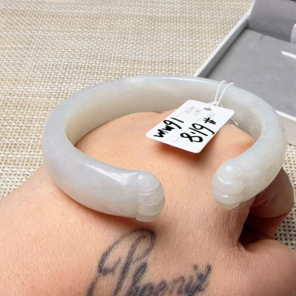 Natural White Nephrite Jade Cat Paw Bangle, Extra Large 61.7–61.8mm, Wide Open Cuff Bracelet, Hand Carved Jade Bracelet