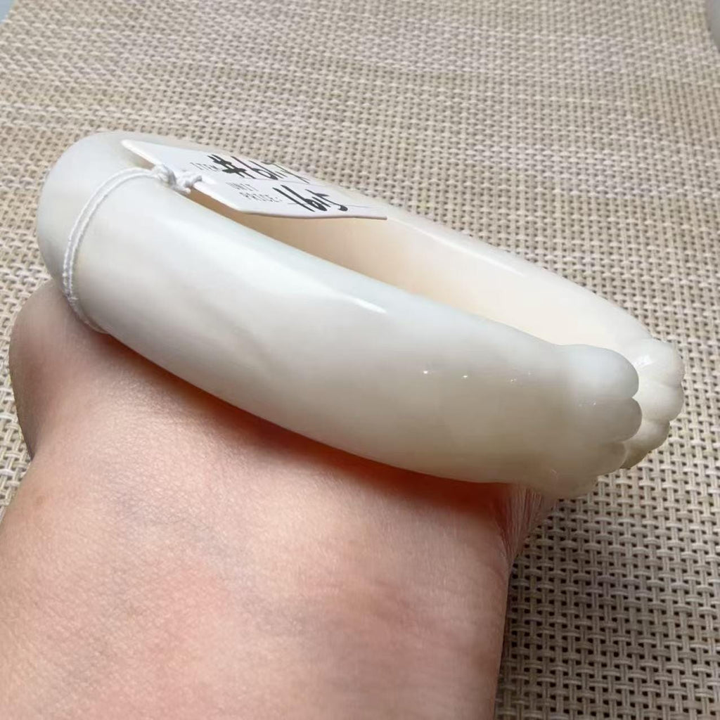 Natural White Nephrite Jade Cat Paw Bangle, Extra Large 61.7–61.8mm, Wide Open Cuff Bracelet, Hand Carved Jade Bracelet