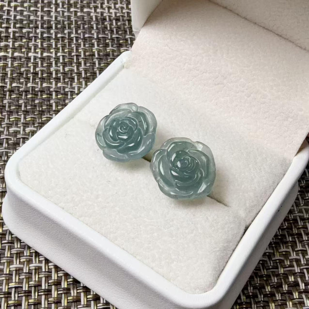 Natural Blue Water Jadeite Rose Stud Earrings, Carved Jade Flower Earrings, 925 Sterling Silver Post, Green Blue Jade Earrings
