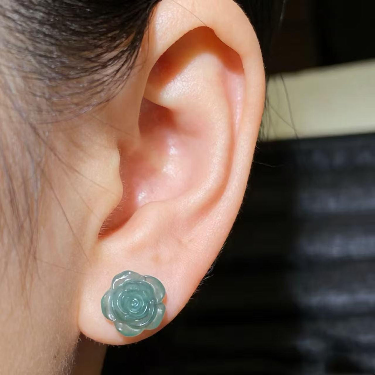 Natural Blue Water Jadeite Rose Stud Earrings, Carved Jade Flower Earrings, 925 Sterling Silver Post, Green Blue Jade Earrings