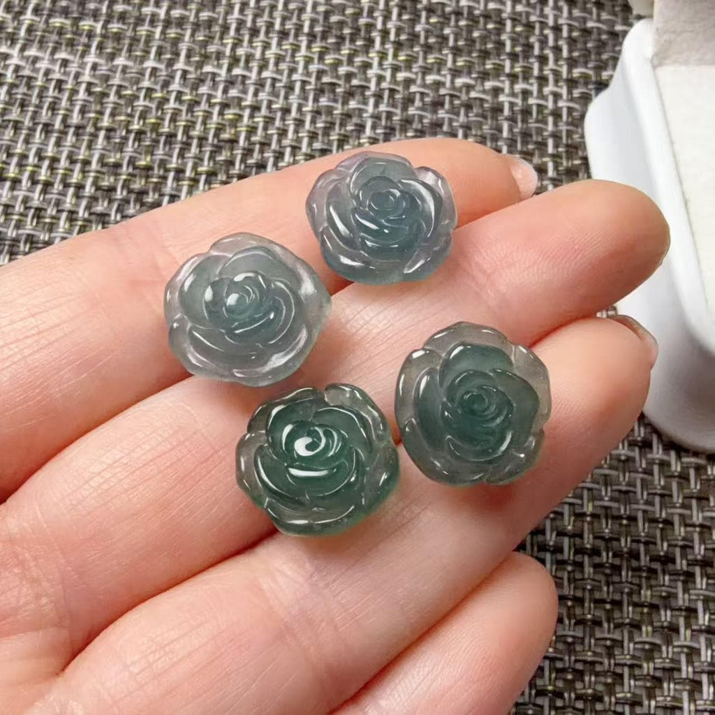 Natural Blue Water Jadeite Rose Stud Earrings, Carved Jade Flower Earrings, 925 Sterling Silver Post, Green Blue Jade Earrings