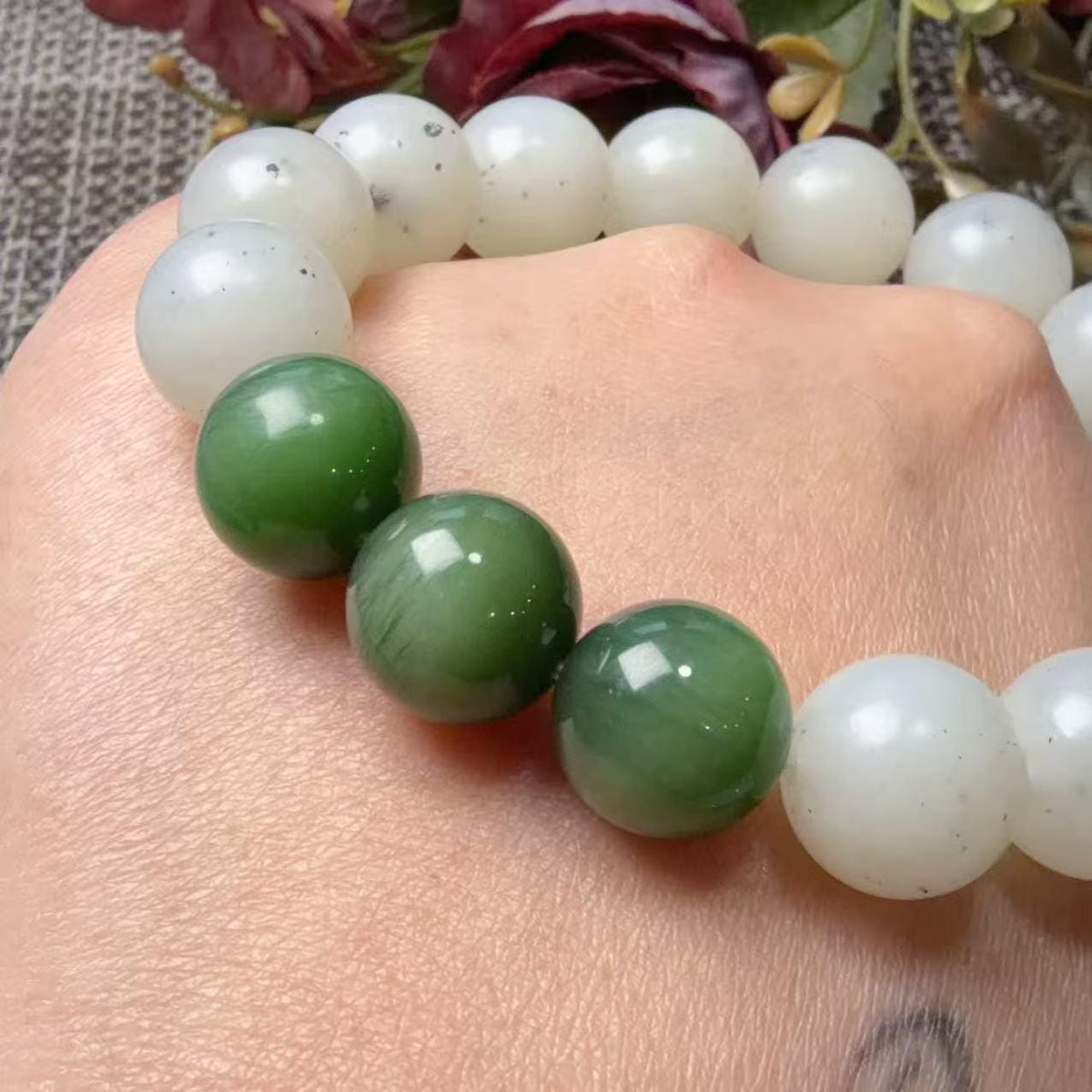 Natural White Nephrite Jade Bracelet, 12mm Ink Spot Jade Beads, White and Green Jade Bracelet, Genuine Jade Jewelry, One of a Kind