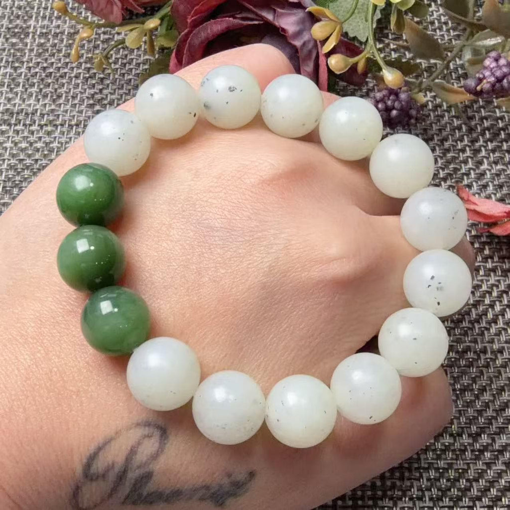 Natural White Nephrite Jade Bracelet, 12mm Ink Spot Jade Beads, White and Green Jade Bracelet, Genuine Jade Jewelry, One of a Kind
