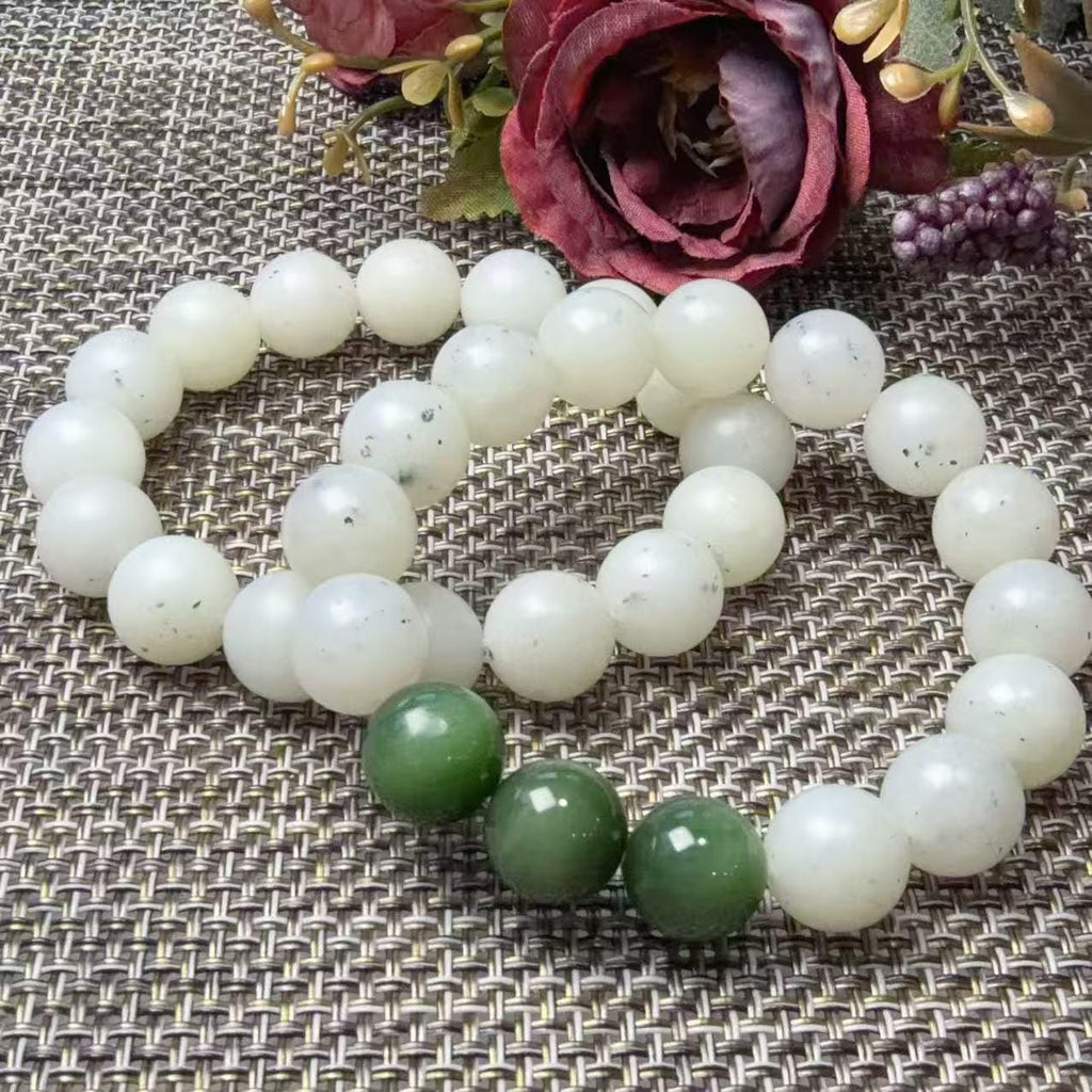 Natural White Nephrite Jade Bracelet, 12mm Ink Spot Jade Beads, White and Green Jade Bracelet, Genuine Jade Jewelry, One of a Kind