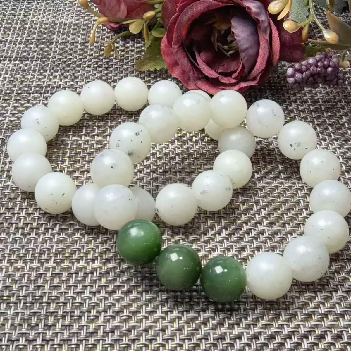 Natural White Nephrite Jade Bracelet, 12mm Ink Spot Jade Beads, White and Green Jade Bracelet, Genuine Jade Jewelry, One of a Kind