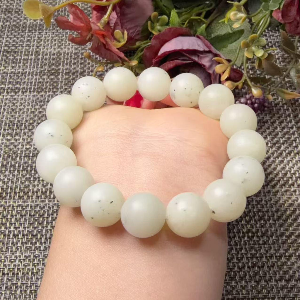 Natural White Nephrite Jade Bracelet, 12mm Ink Spot Jade Beads, White and Green Jade Bracelet, Genuine Jade Jewelry, One of a Kind