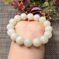 Natural White Nephrite Jade Bracelet, 12mm Ink Spot Jade Beads, White and Green Jade Bracelet, Genuine Jade Jewelry, One of a Kind