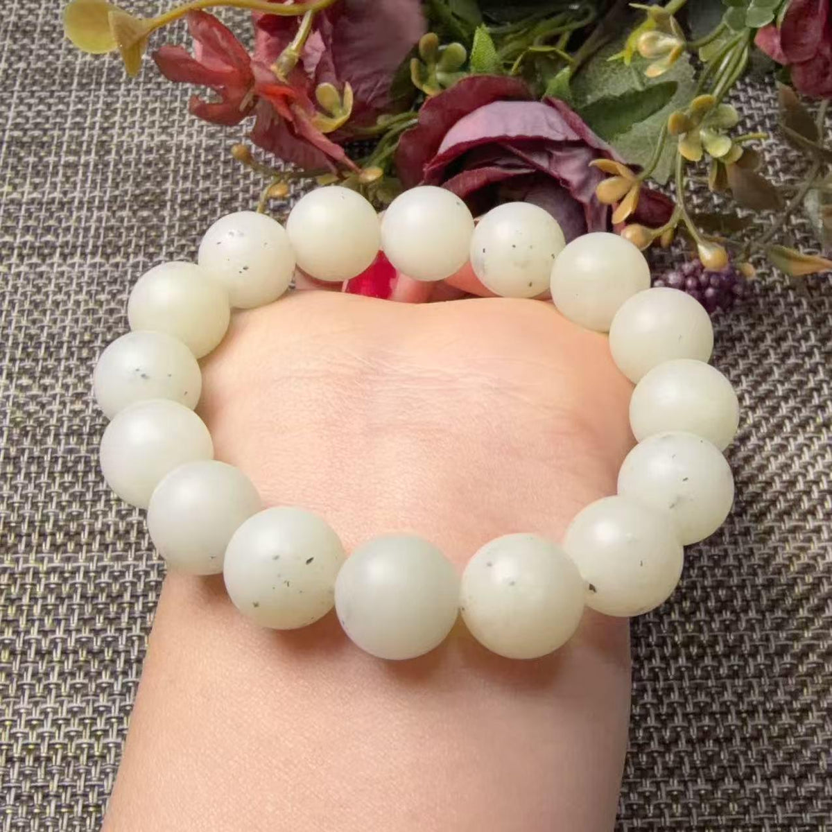 Natural White Nephrite Jade Bracelet, 12mm Ink Spot Jade Beads, White and Green Jade Bracelet, Genuine Jade Jewelry, One of a Kind