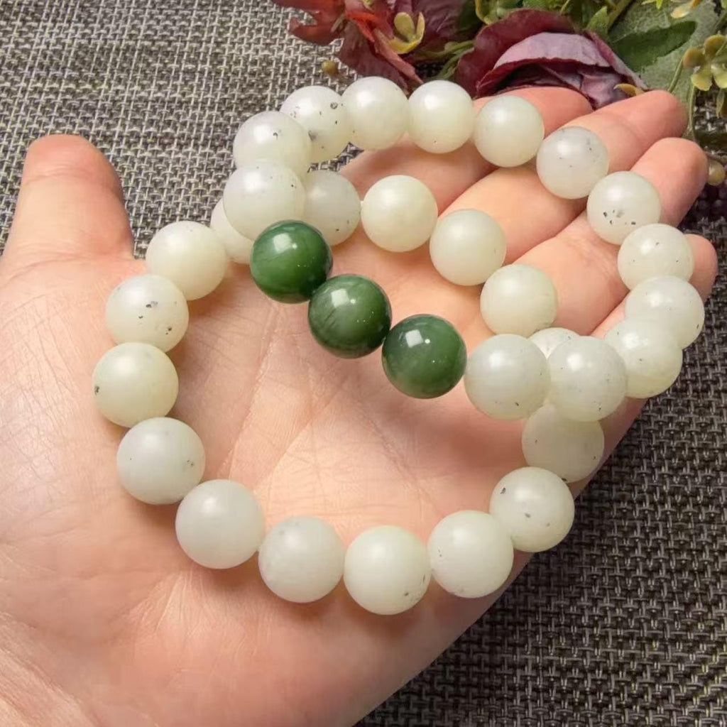 Natural White Nephrite Jade Bracelet, 12mm Ink Spot Jade Beads, White and Green Jade Bracelet, Genuine Jade Jewelry, One of a Kind