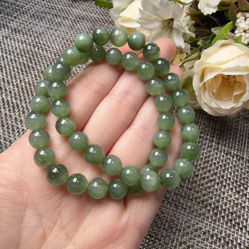 Certified 8mm Natural Green Nephrite Jade Bracelet, Icy Translucent Jade Beads, Subtle Cat Eye Effect, One of a Kind