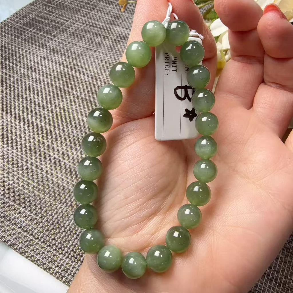 Certified 8mm Natural Green Nephrite Jade Bracelet, Icy Translucent Jade Beads, Subtle Cat Eye Effect, One of a Kind
