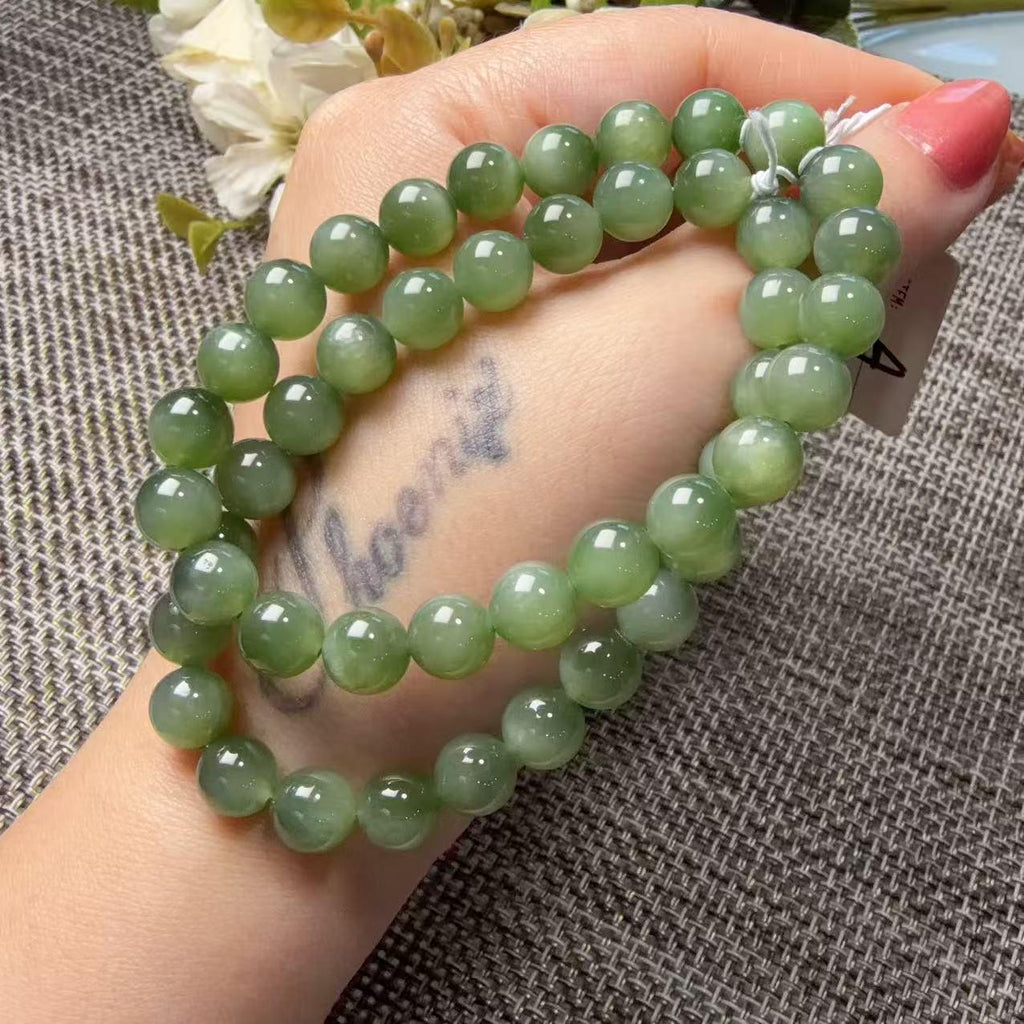 Certified 8mm Natural Green Nephrite Jade Bracelet, Icy Translucent Jade Beads, Subtle Cat Eye Effect, One of a Kind
