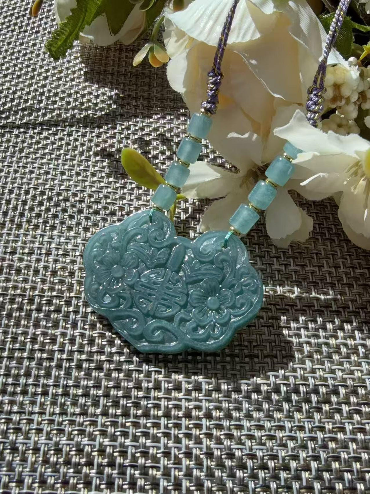 Natural Blue Water Jadeite Necklace, Carved Floral Jadeite Lock Pendant, Longevity Lock, Adjustable Jade Necklace, Certified Jadeite Gift
