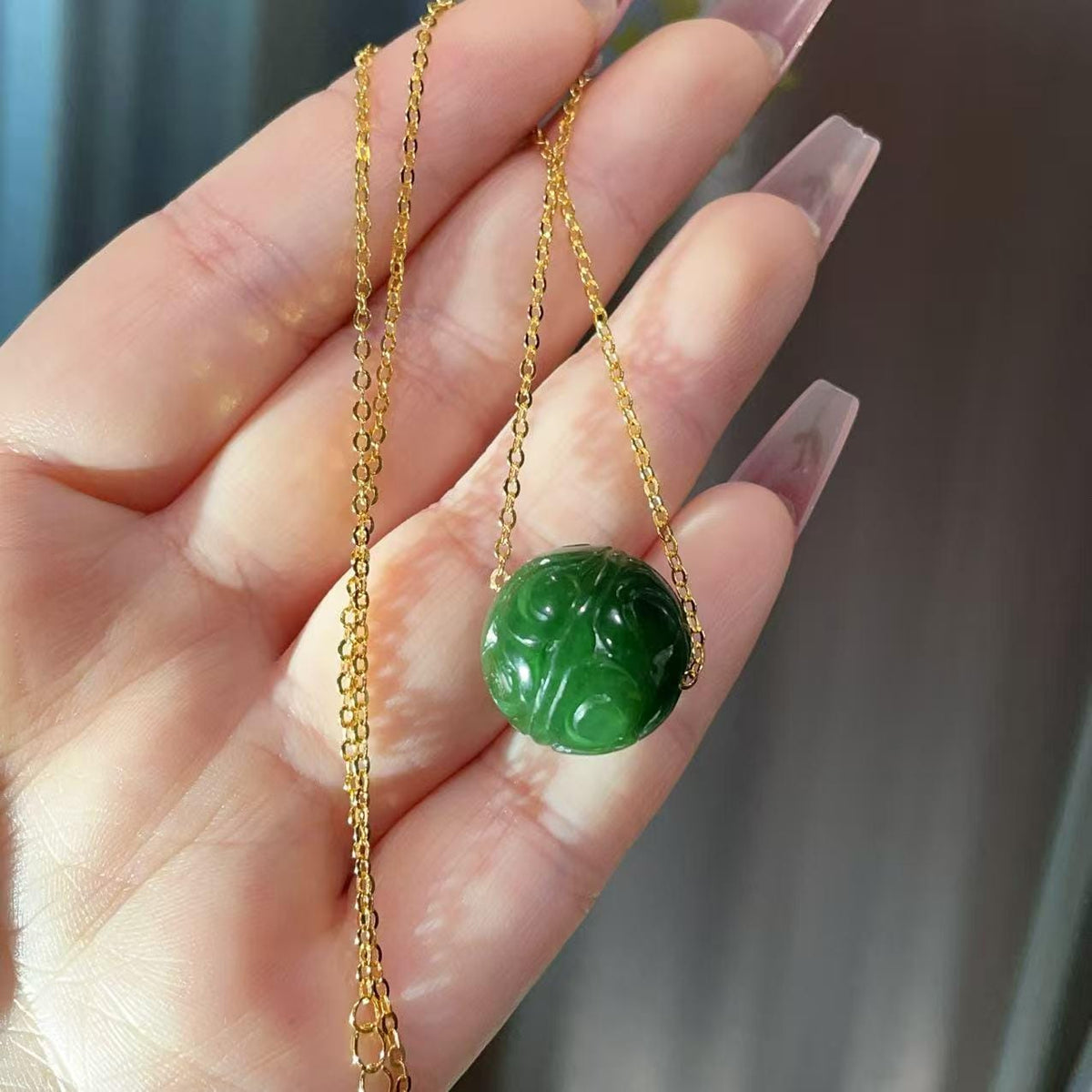 Natural Green Nephrite Jade Carved Sphere Necklace, 16mm Jade Ball Pendant, Minimalist Green Jade Jewelry, Adjustable Gold Chain