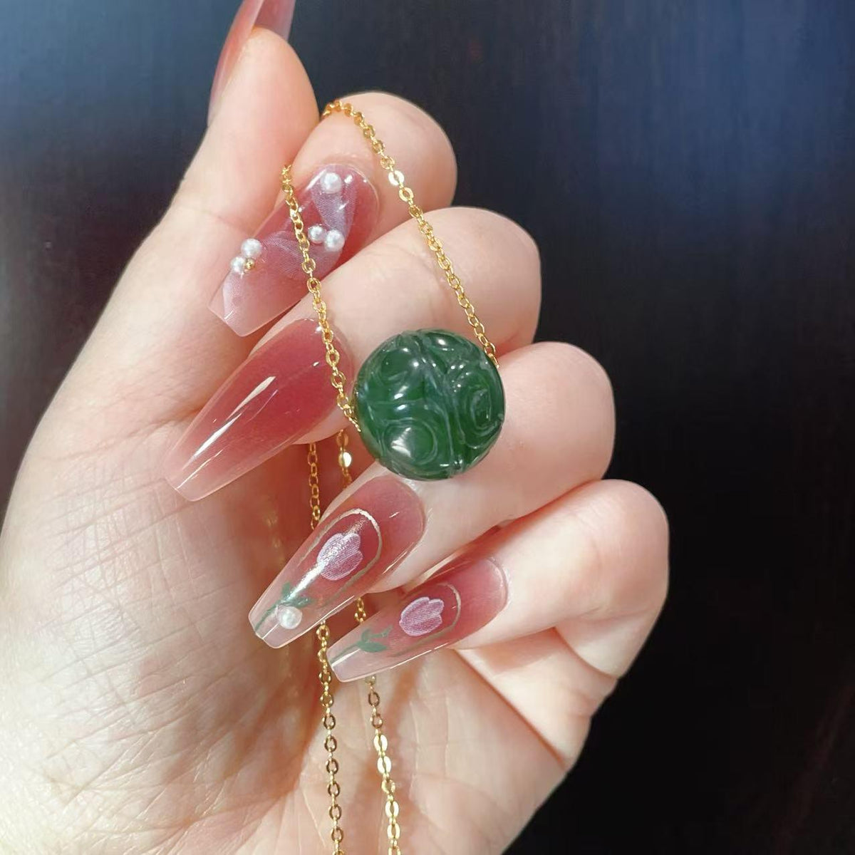 Natural Green Nephrite Jade Carved Sphere Necklace, 16mm Jade Ball Pendant, Minimalist Green Jade Jewelry, Adjustable Gold Chain