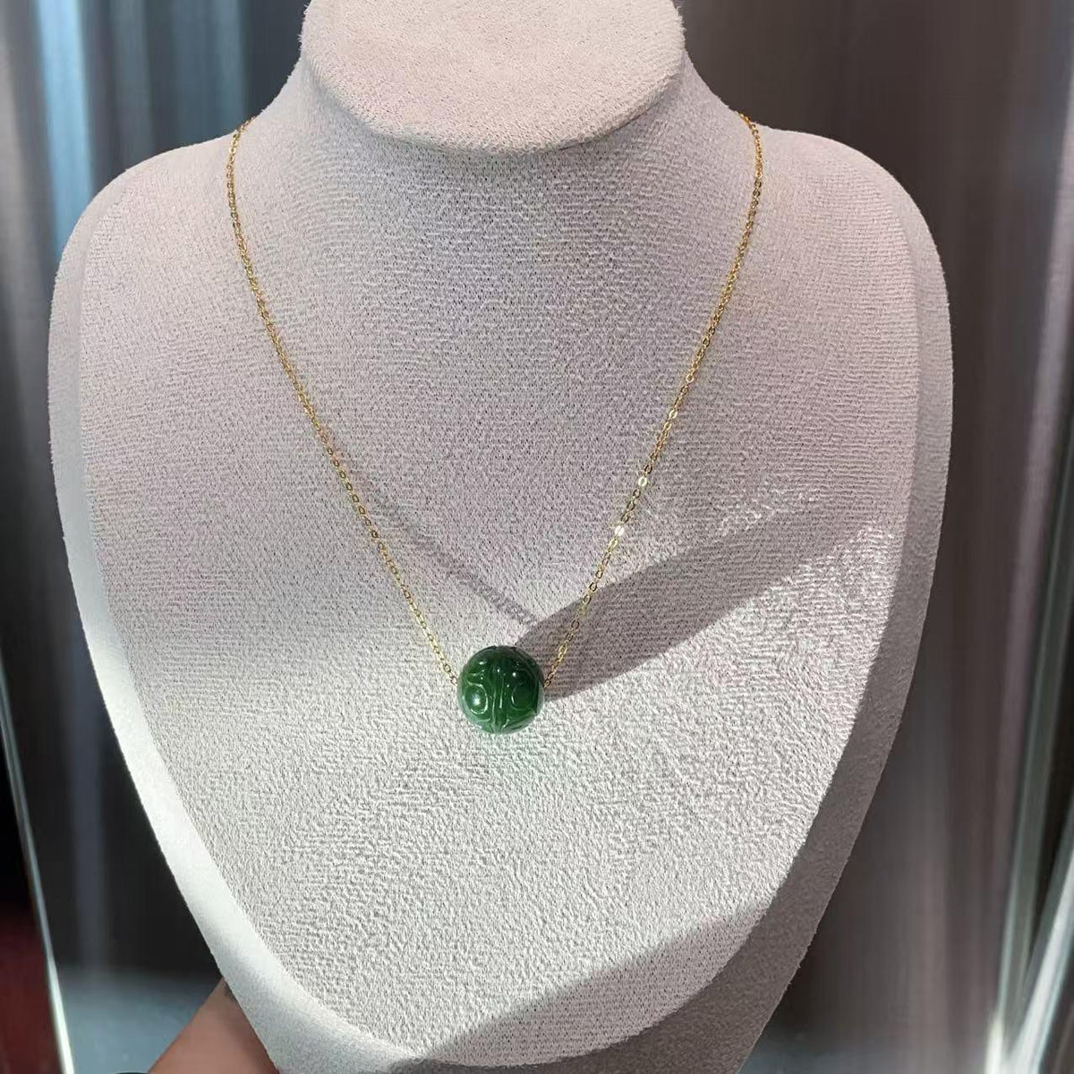 Natural Green Nephrite Jade Carved Sphere Necklace, 16mm Jade Ball Pendant, Minimalist Green Jade Jewelry, Adjustable Gold Chain