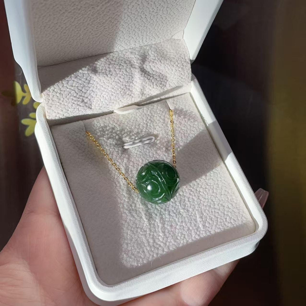Natural Green Nephrite Jade Carved Sphere Necklace, 16mm Jade Ball Pendant, Minimalist Green Jade Jewelry, Adjustable Gold Chain