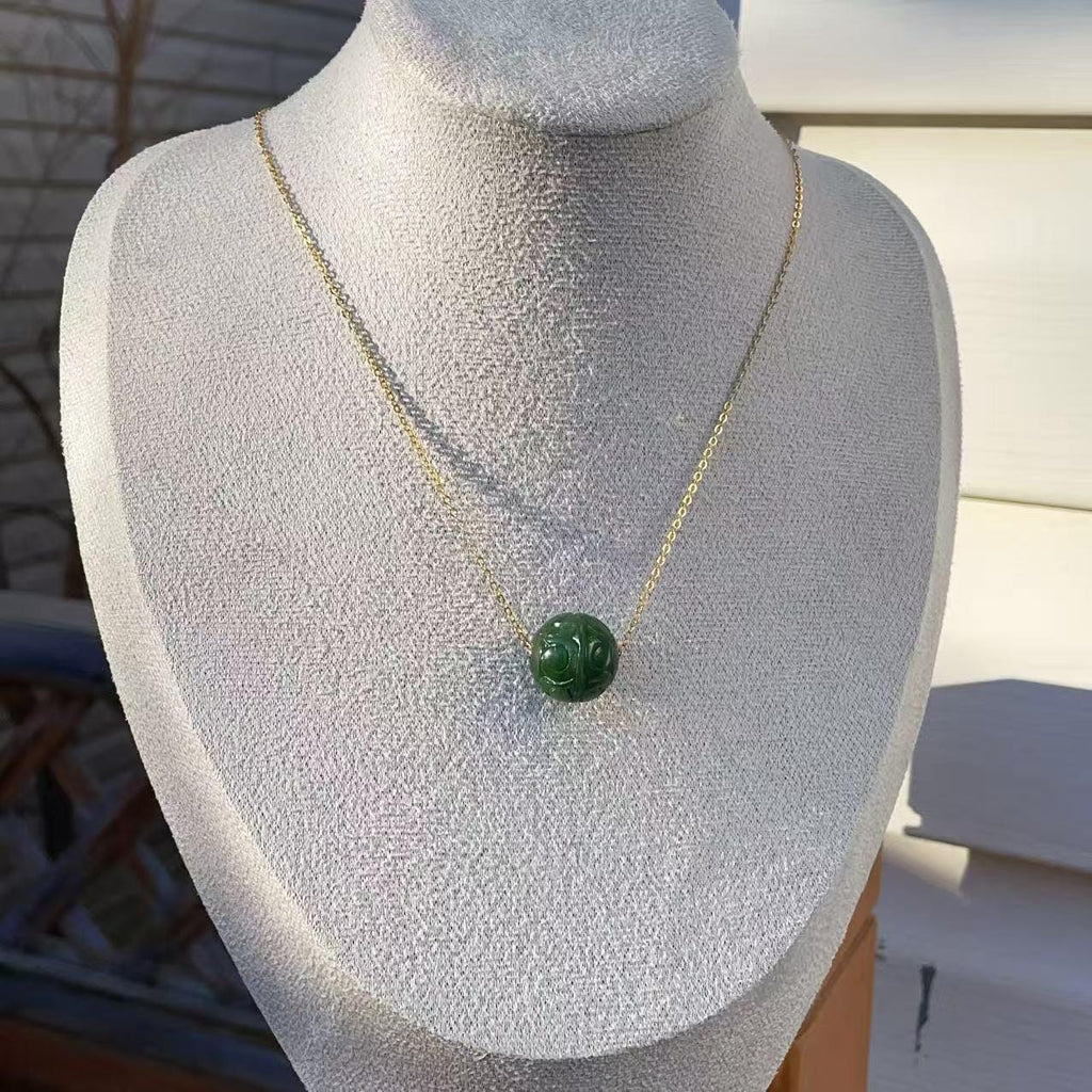 Natural Green Nephrite Jade Carved Sphere Necklace, 16mm Jade Ball Pendant, Minimalist Green Jade Jewelry, Adjustable Gold Chain