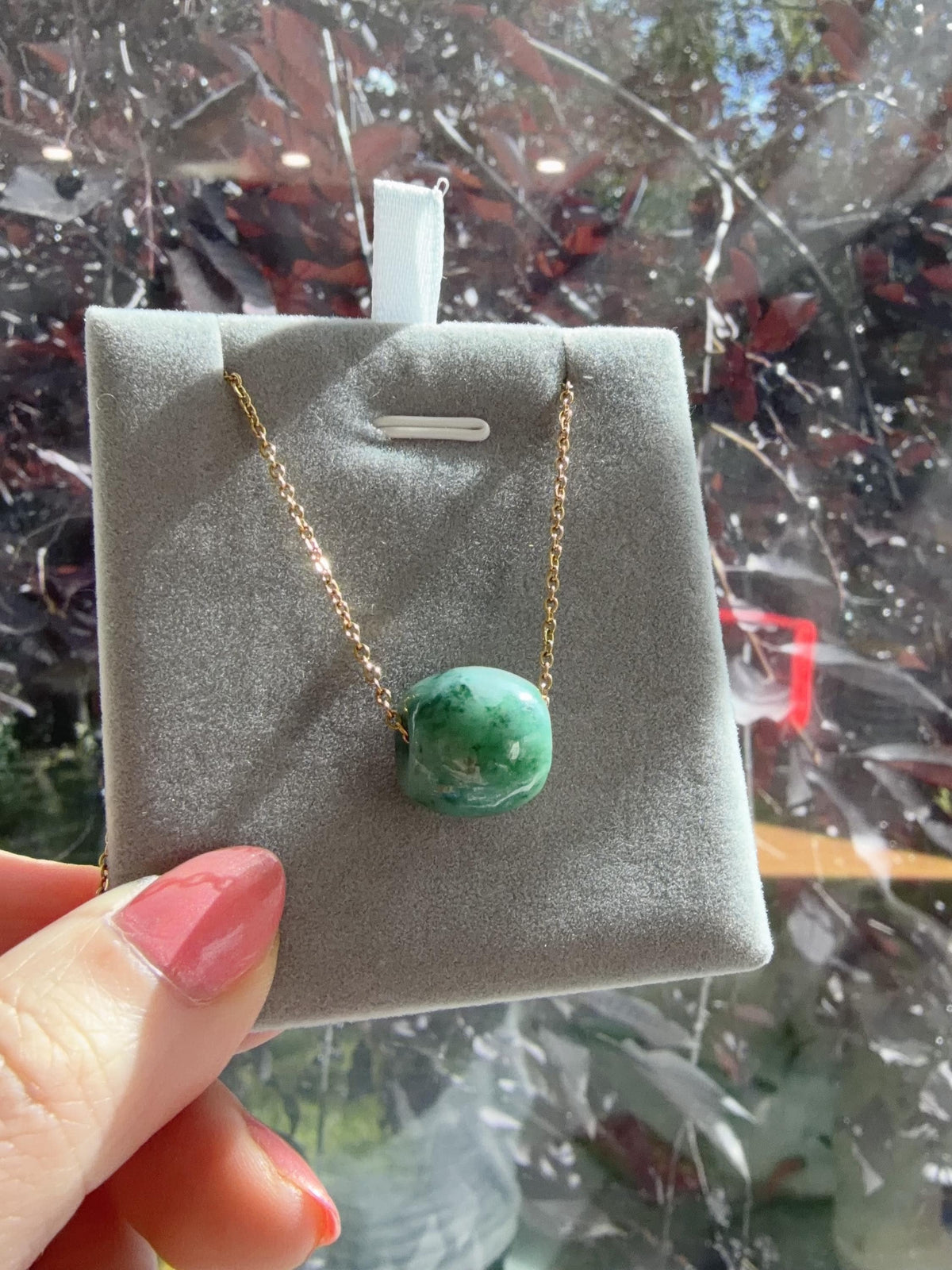 Natural Green Jadeite Rollo Bead Necklace, 13x14mm Jadeite Pendant, Minimalist Green Jadeite Jewelry, Certificate Included