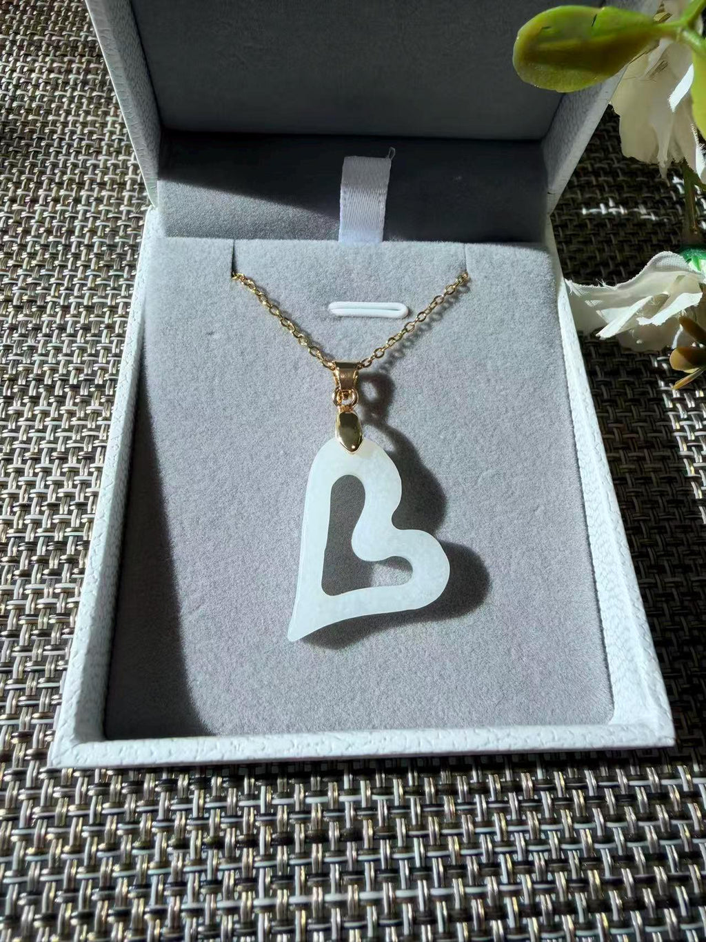 White Nephrite Jade Heart Necklace, Natural Jade Open Heart Pendant, 18K Gold Plated Chain, Minimalist Jade Jewelry, Gift for Her