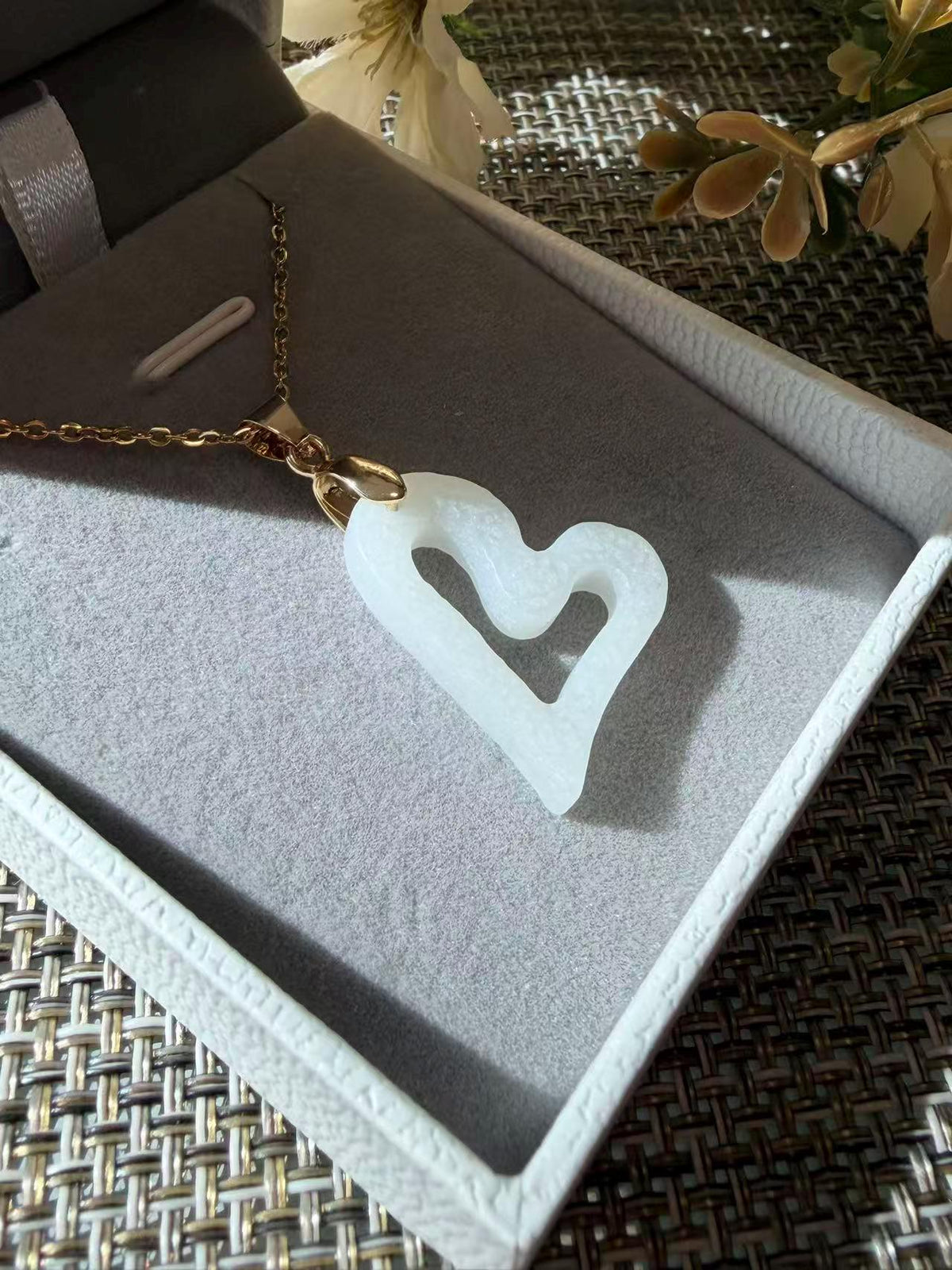White Nephrite Jade Heart Necklace, Natural Jade Open Heart Pendant, 18K Gold Plated Chain, Minimalist Jade Jewelry, Gift for Her