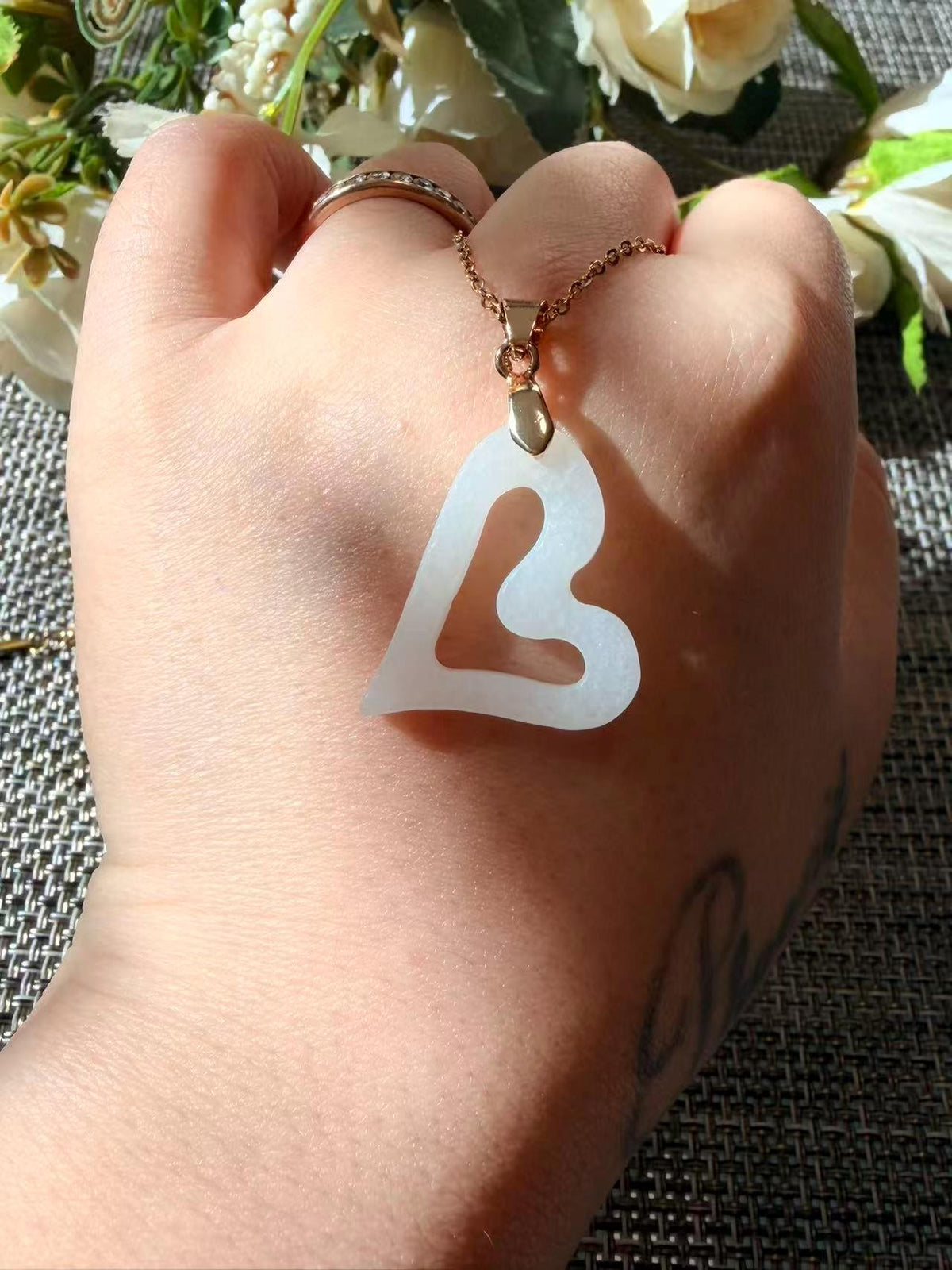 White Nephrite Jade Heart Necklace, Natural Jade Open Heart Pendant, 18K Gold Plated Chain, Minimalist Jade Jewelry, Gift for Her