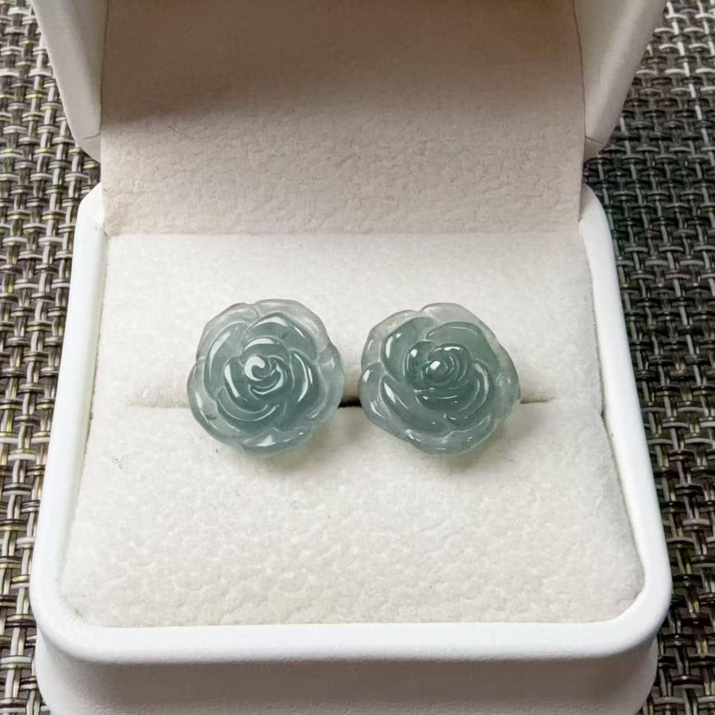 Natural Blue Water Jadeite Rose Stud Earrings, Carved Jade Flower Earrings, 925 Sterling Silver Post, Green Blue Jade Earrings