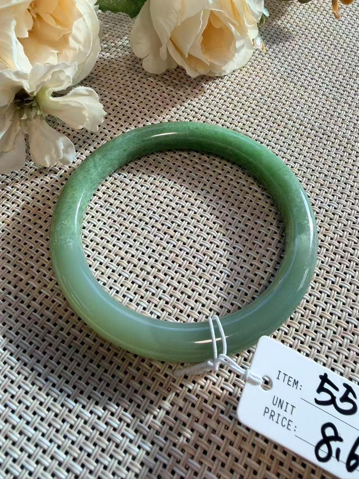 Certified Natural Icy Nephrite Jade Bangle, Vivid Green Two Tone Jade, Water Grass Pattern Jade, 55-57.5mm Round Bangle, One of a Kind