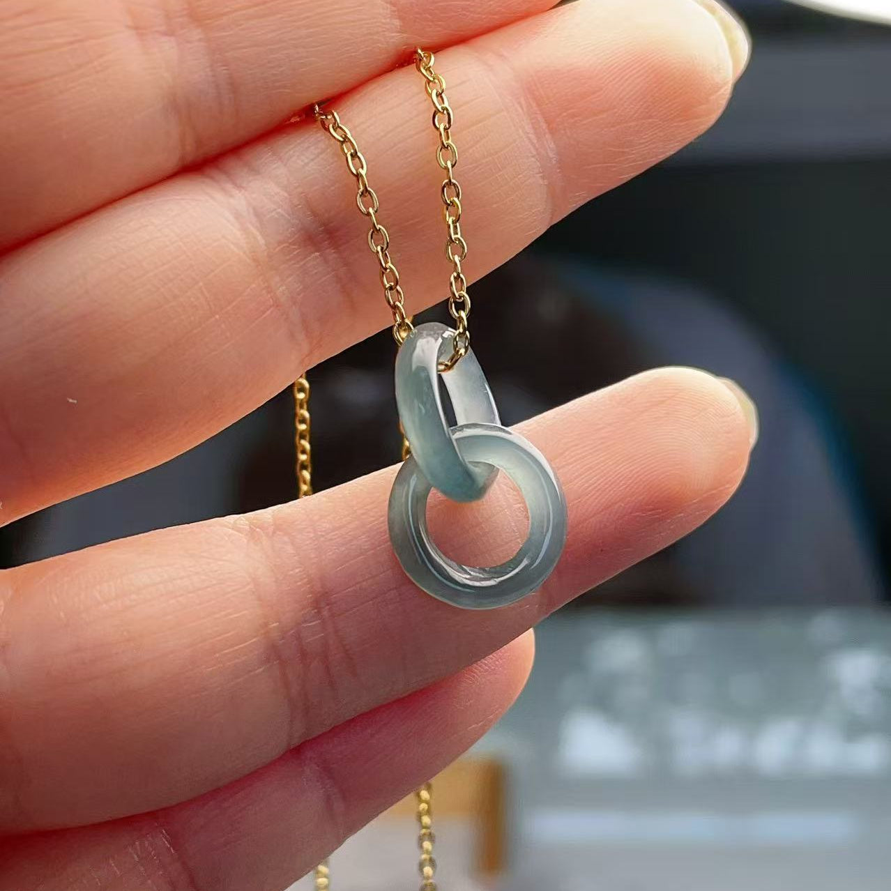 Natural Blue Green Jadeite Double Ring Necklace | Minimalist Jadeite Pendant in 18K Gold Plated Chain