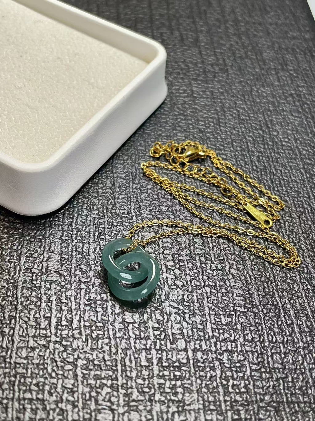 Natural Blue Green Jadeite Double Ring Necklace | Minimalist Jadeite Pendant in 18K Gold Plated Chain