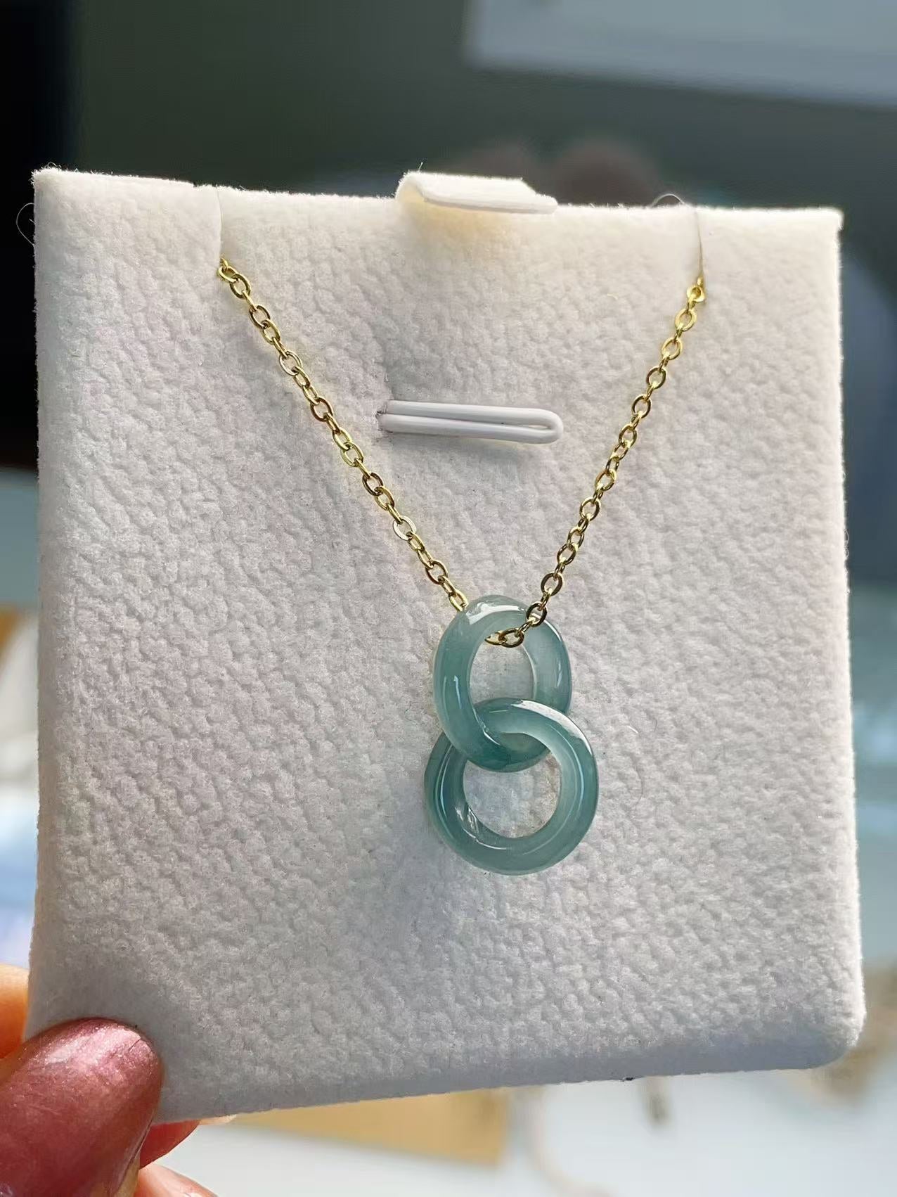 Natural Blue Green Jadeite Double Ring Necklace | Minimalist Jadeite Pendant in 18K Gold Plated Chain