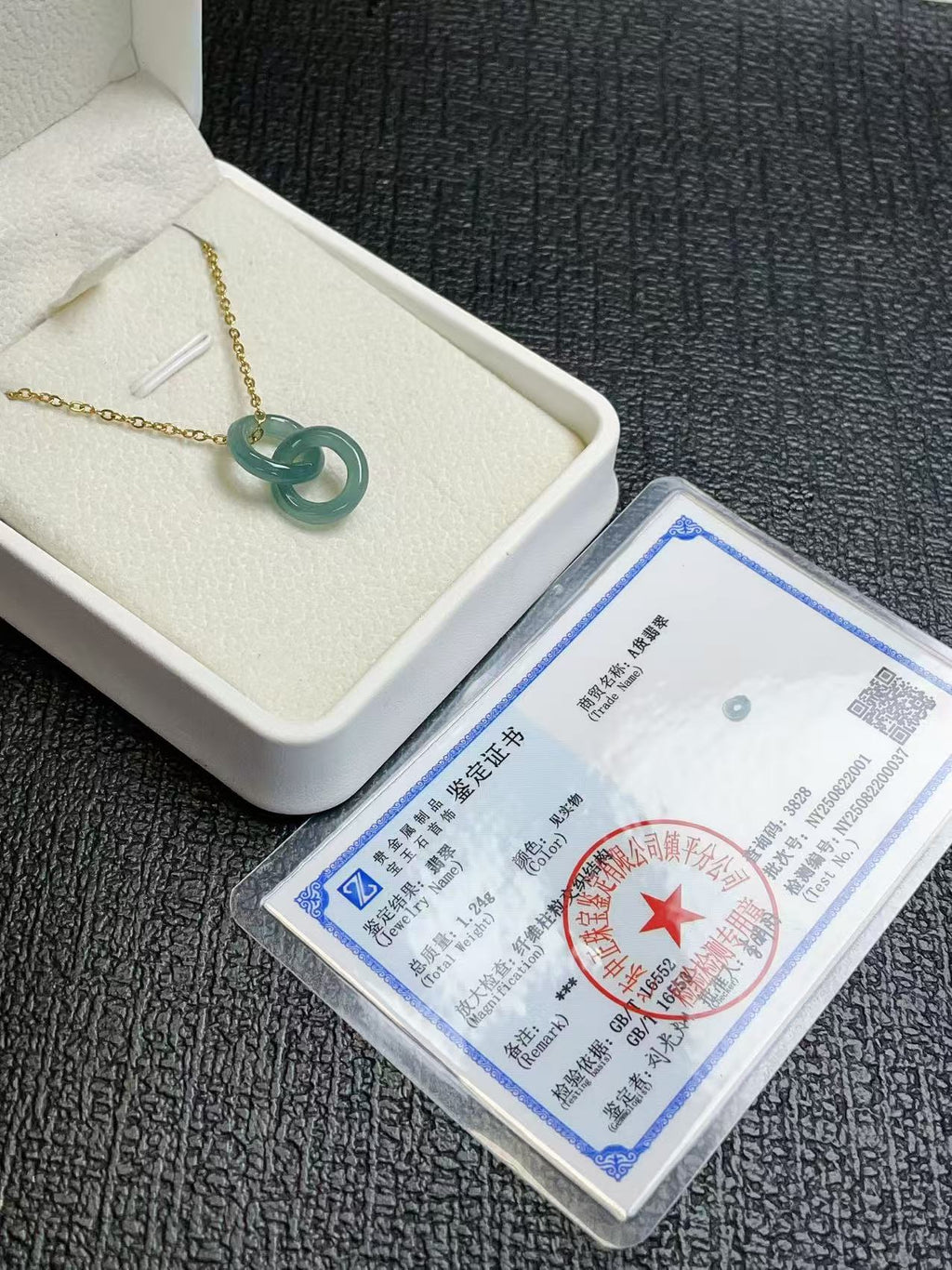 Natural Blue Green Jadeite Double Ring Necklace | Minimalist Jadeite Pendant in 18K Gold Plated Chain