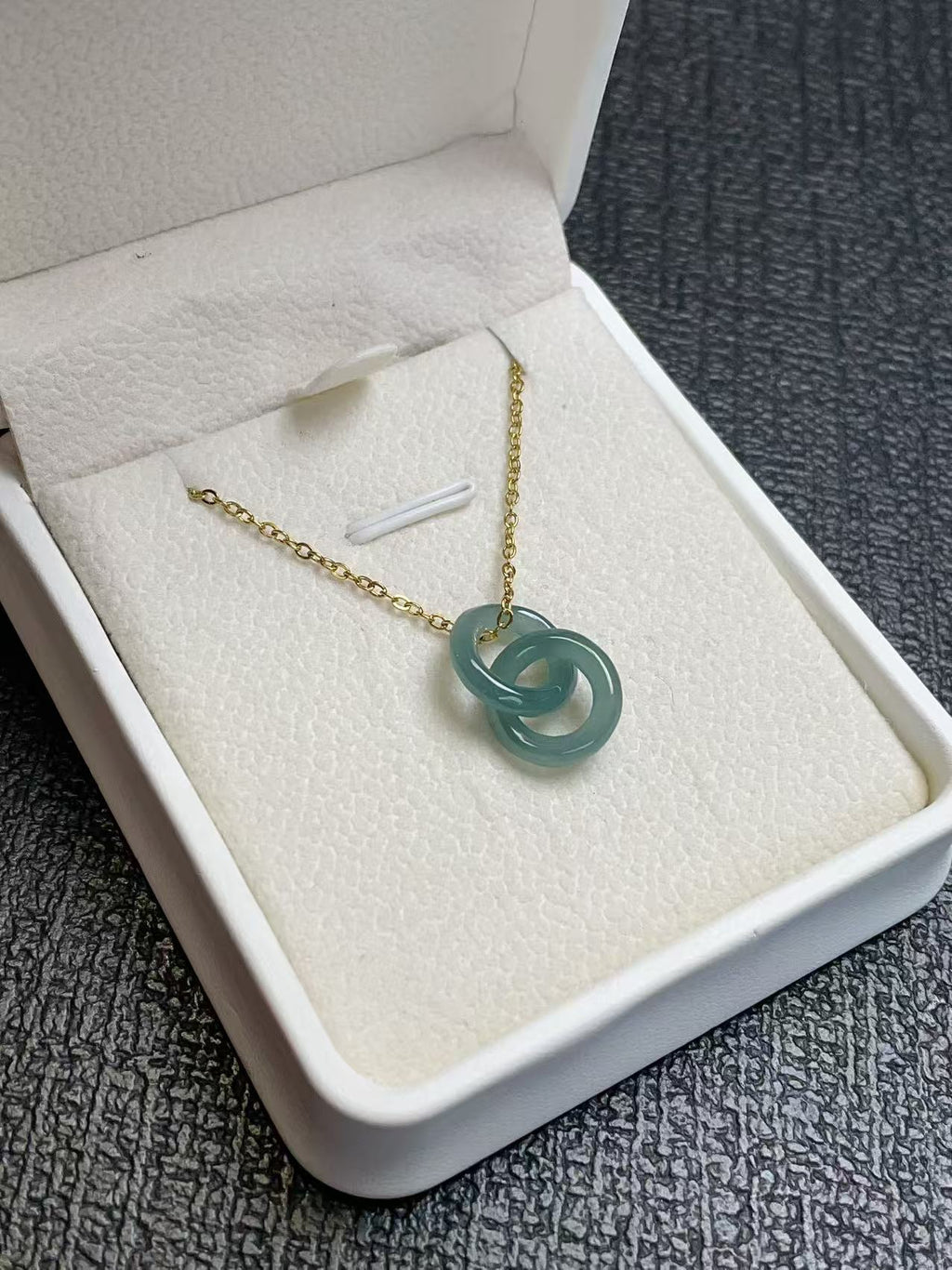 Natural Blue Green Jadeite Double Ring Necklace | Minimalist Jadeite Pendant in 18K Gold Plated Chain