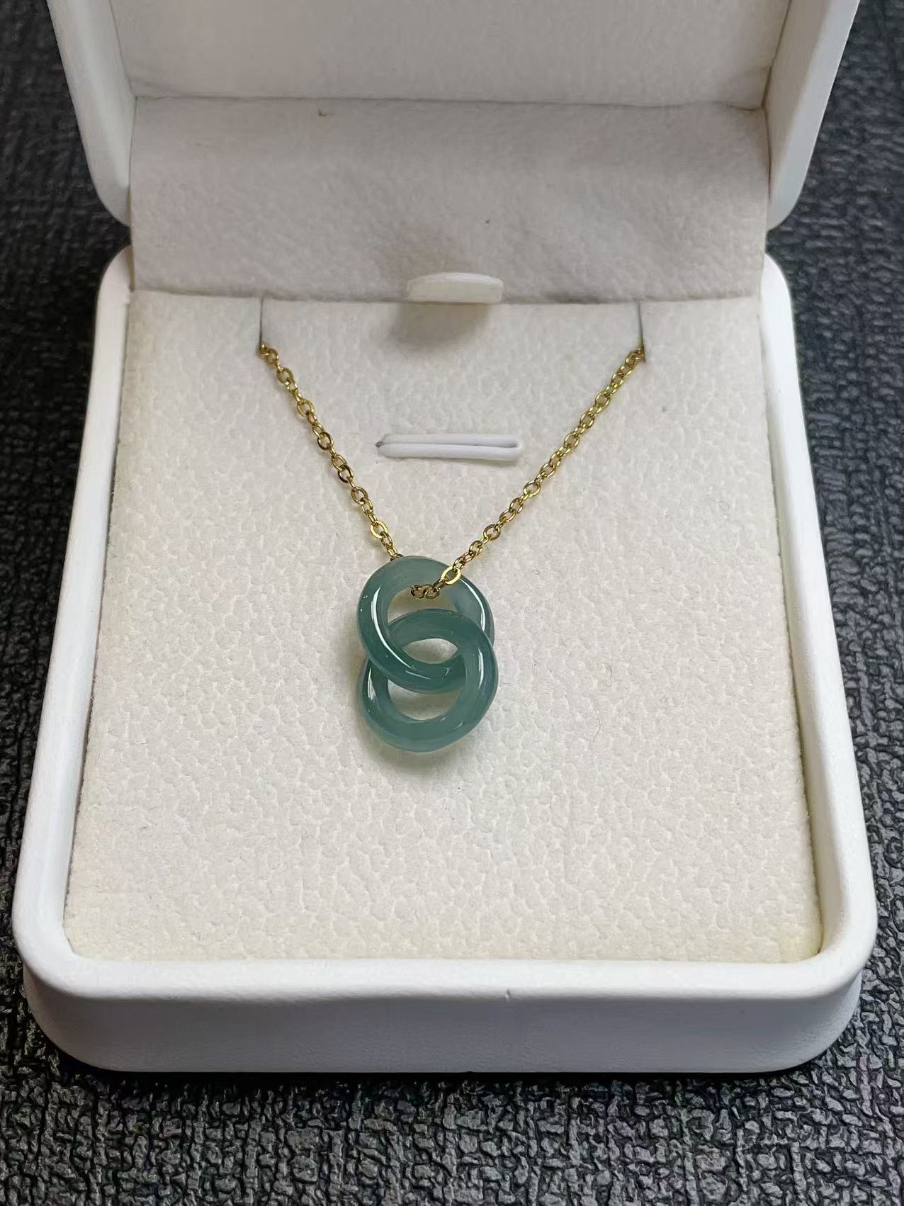 Natural Blue Green Jadeite Double Ring Necklace | Minimalist Jadeite Pendant in 18K Gold Plated Chain