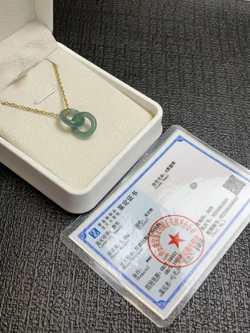 Natural Blue Green Jadeite Double Ring Necklace | Minimalist Jadeite Pendant in 18K Gold Plated Chain