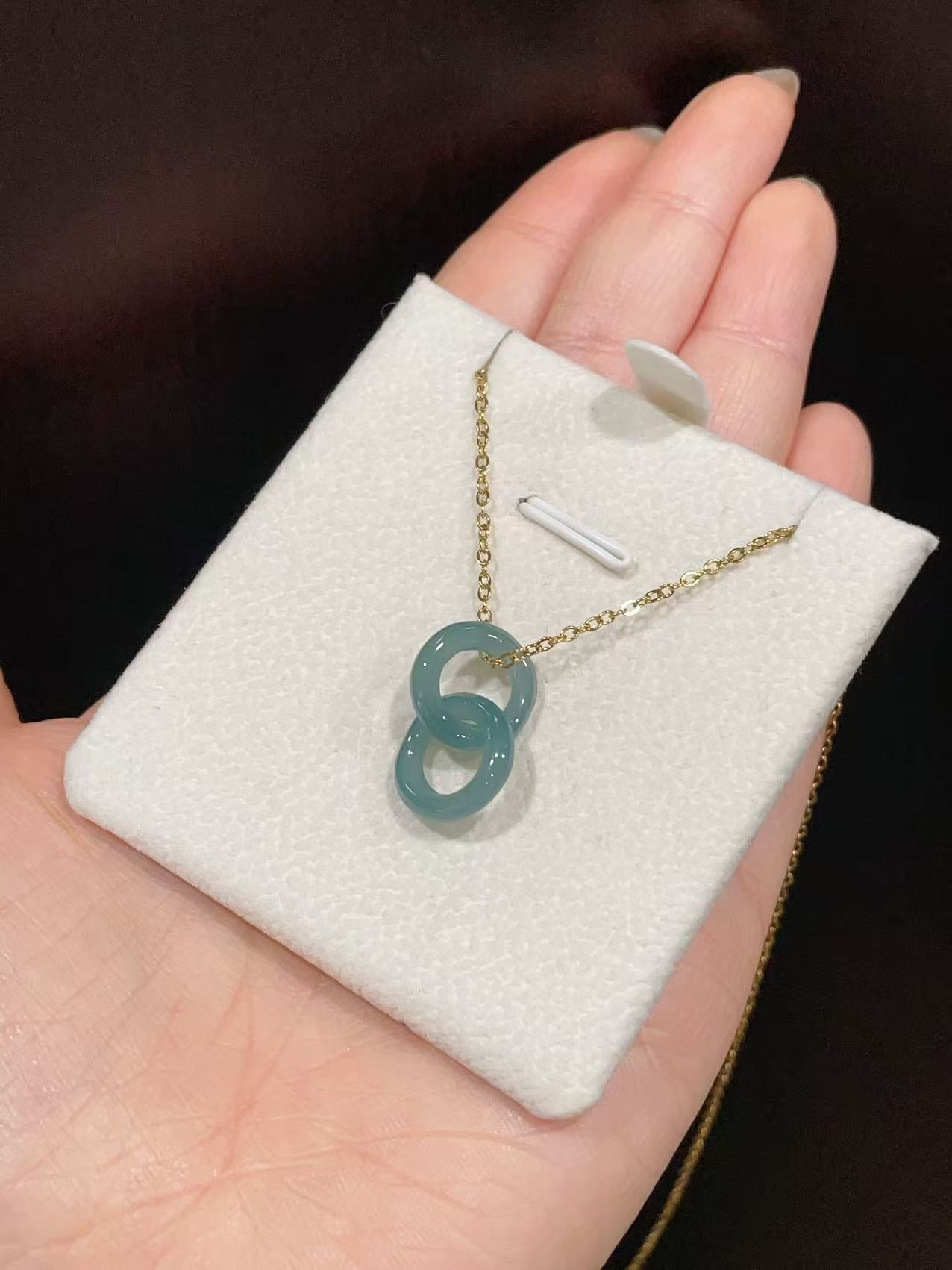Natural Blue Green Jadeite Double Ring Necklace | Minimalist Jadeite Pendant in 18K Gold Plated Chain