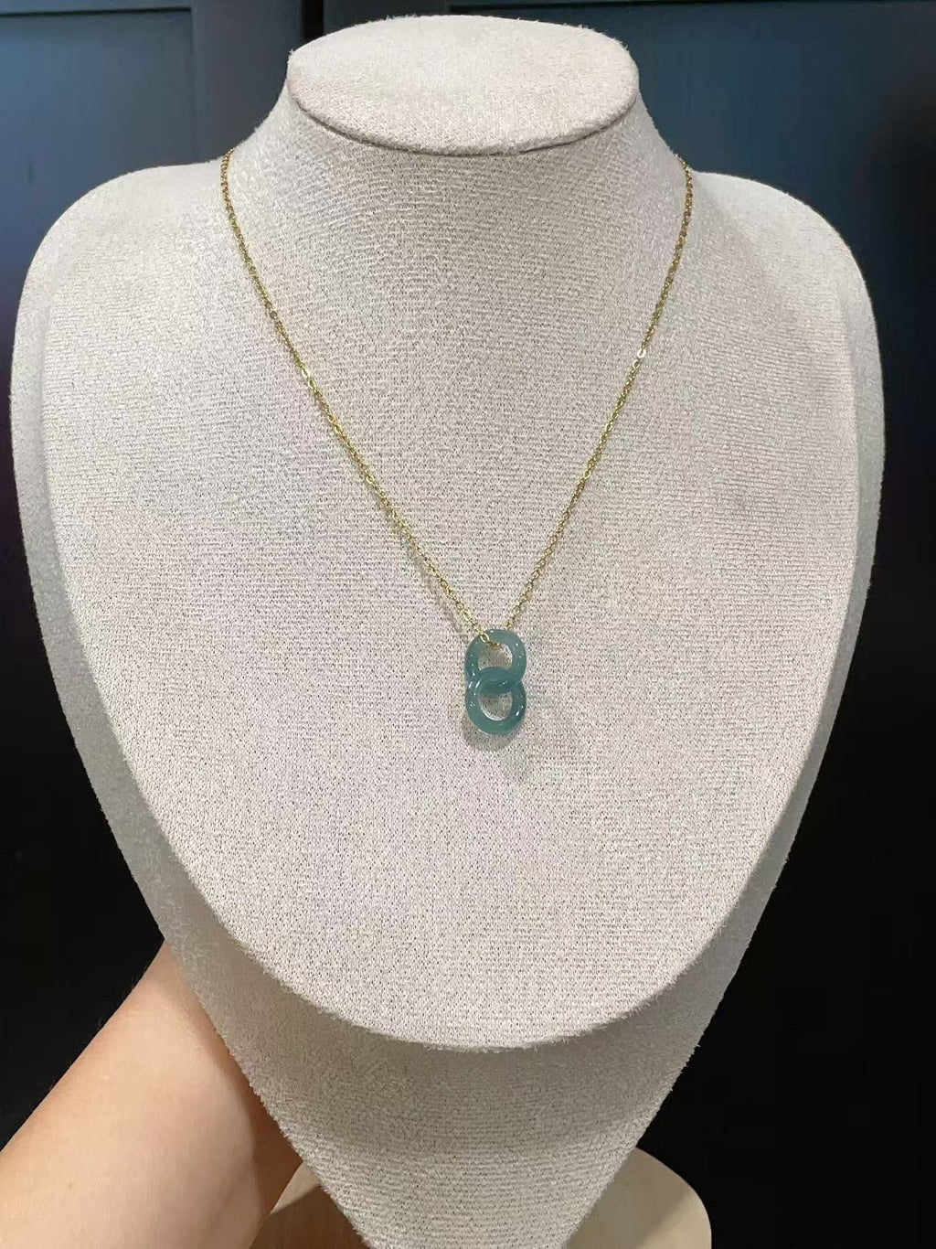 Natural Blue Green Jadeite Double Ring Necklace | Minimalist Jadeite Pendant in 18K Gold Plated Chain