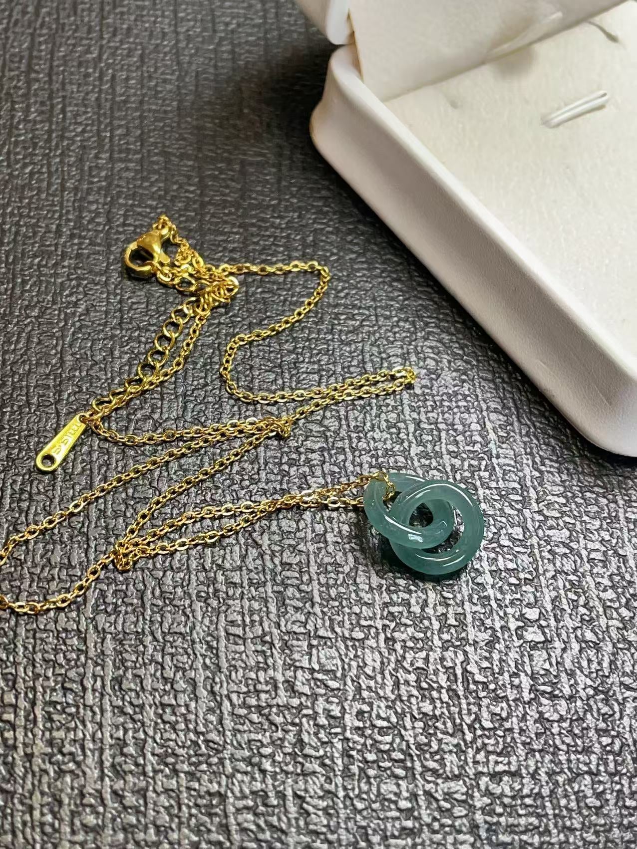 Natural Blue Green Jadeite Double Ring Necklace | Minimalist Jadeite Pendant in 18K Gold Plated Chain