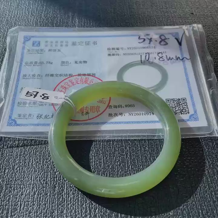Certified Natural Green Jade Bangle , Iced Lake Green Nephrite Jade Bangle , 57.8mm Size Jade Bangle Bracelet