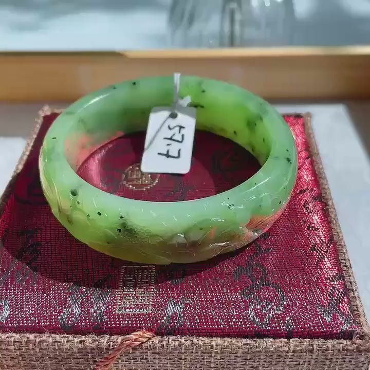 Natural Nephrite Jade Bangle Bracelet ，Wide Carved Jade Bracelet ， Size 57.7mm ，LIight Green Jade, Handmade Jewelry Gift